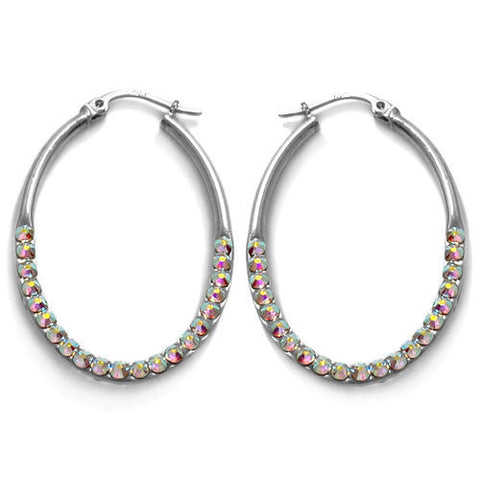 Gorgeous Rainbow Crystal Oval Hoop Earrings in 40mm | Wholesale Sterling Silver Jewelry | Main