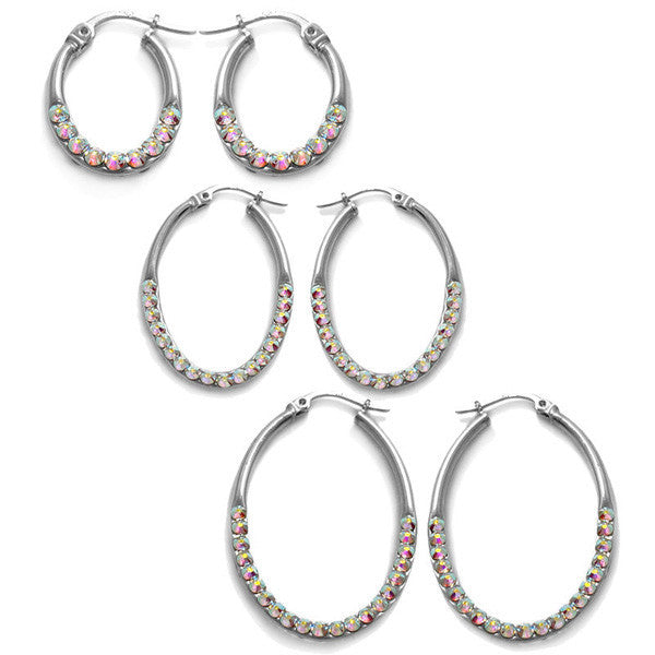 Dressy Rainbow Crystal Oval Hoop Earrings Different Sizes | Wholesale Sterling Silver Jewelry | Alternate