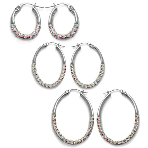 Dressy Rainbow Crystal Oval Hoop Earrings Different Sizes | Wholesale Sterling Silver Jewelry | Main