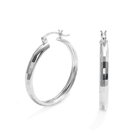 Grand Rectangle Faceted Round Hoop Earrings in 32mm | Wholesale Sterling Silver Jewelry | Main