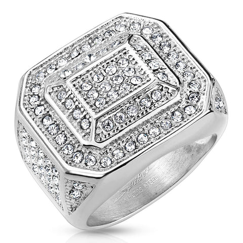 Rectangular stainless steel signet ring with 112 micro pave set CZs | Wholesale Jewelry | Main photo