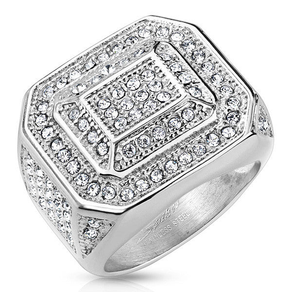 Rectangular stainless steel signet ring with 112 micro pave set CZs | Wholesale Jewelry | Alternate photo