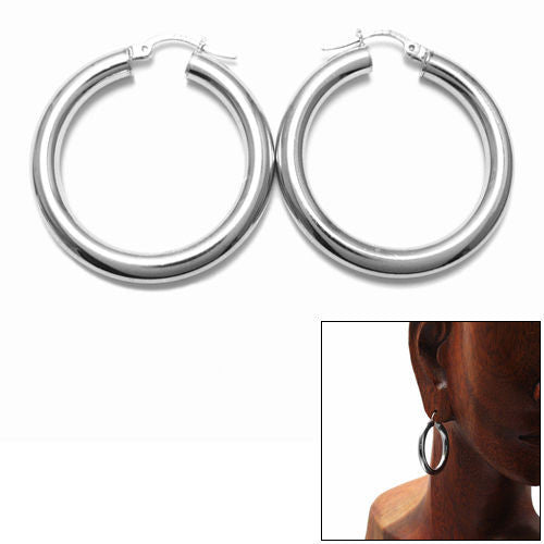 Rhodium 4mm Wide Plain Hoop Earrings in 33mm | Wholesale Sterling Silver Jewelry | Main