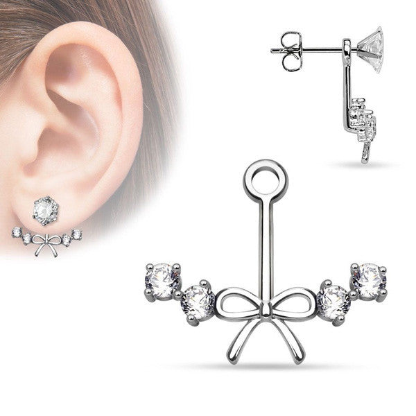 Spiked Rhodium Brass Ribbon & Bow Earring Jacket CZ Accents