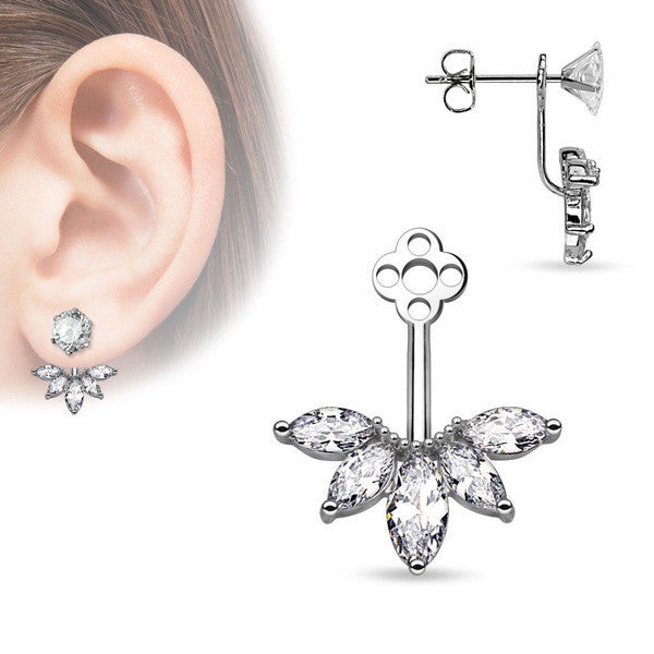 Rhodium plated brass petal earring jacket w/ marquise cut CZs | Wholesale Fashion Jewelry & Accessories | Small photo