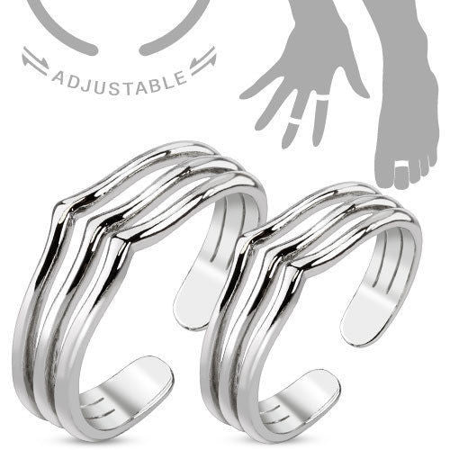 Rhodium Plated Brass Triple Lines Designed Mid-Ring/Toe-Ring Set | Wholesale 316L Stainless Steel Jewelry |