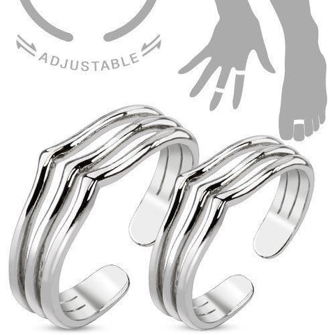 Rhodium Plated Brass Triple Lines Designed Mid-Ring/Toe-Ring Set | Wholesale 316L Stainless Steel Jewelry |