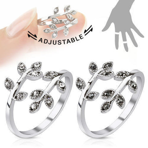 Adjustable Rhodium Plated Brass Leaves Mid-Ring/Toe Ring with CZs | Wholesale 316L Stainless Steel Jewelry |