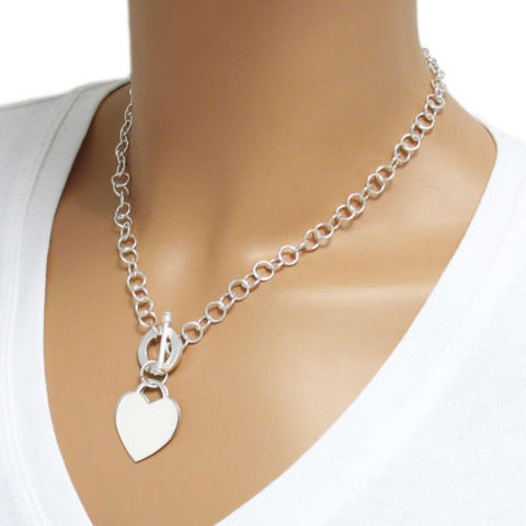 Elegant rolo necklace with engravable heart & toggle lock | Wholesale 925 Sterling Silver Jewelry | Alternate photo