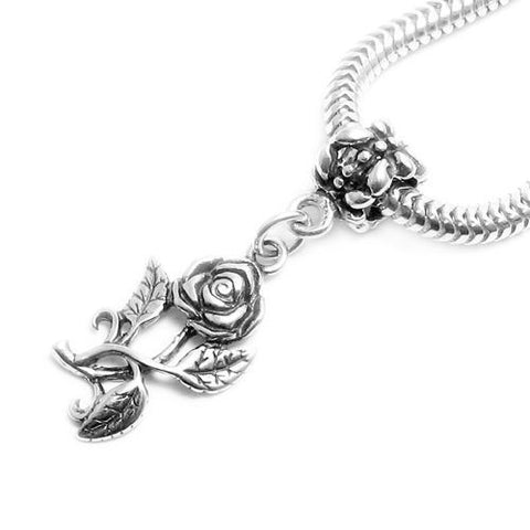 Lovely Rose and Leaves Charm with Euro Bead. Wholesale Sterling Silver Charms - Jewelry. Main.