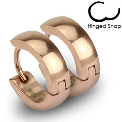 Rose gold ion plated hinged hoop huggie earrings | Wholesale 316L Stainless Steel Jewelry