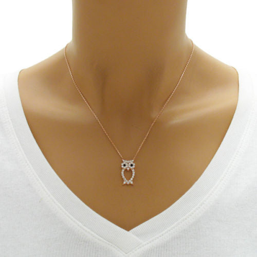 Luxurious Sterling Silver Owl Pendant Necklace with CZs. Available in 3 Colors.
