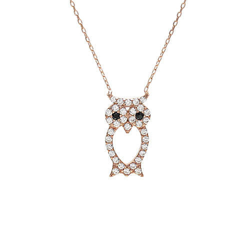 Luxurious Sterling Silver Owl Pendant Necklace with CZs. Available in 3 Colors.