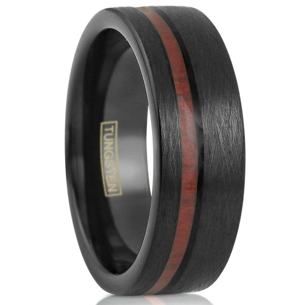 Distressed black flat tungsten carbide band ring w/ off center Koa wood inlay | Discount tungsten rings - wedding bands | White photo