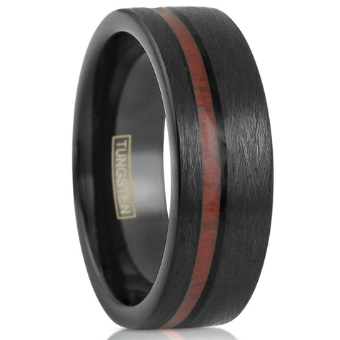 Distressed black flat tungsten carbide band ring w/ off center Koa wood inlay | Discount tungsten rings - wedding bands | White photo