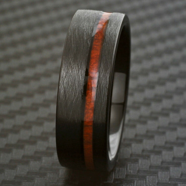 Distressed black flat tungsten carbide band ring w/ off center Koa wood inlay | Discount tungsten rings - wedding bands | Black photo