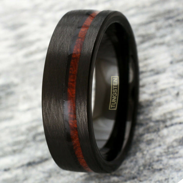 Distressed black flat tungsten carbide band ring w/ off center Koa wood inlay | Discount tungsten rings - wedding bands | Front photo