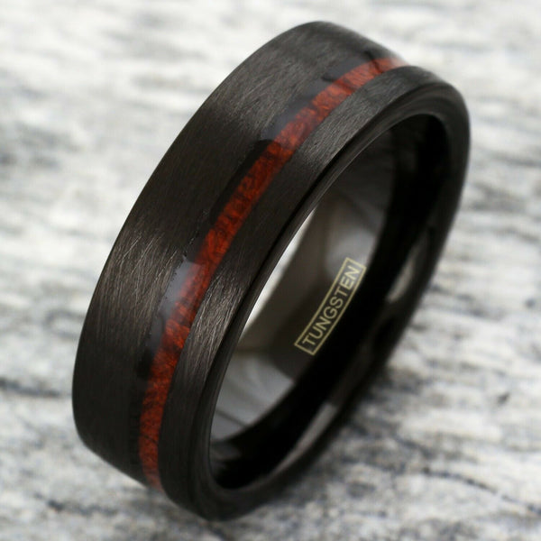 Distressed black flat tungsten carbide band ring w/ off center Koa wood inlay | Discount tungsten rings - wedding bands | Tilted photo