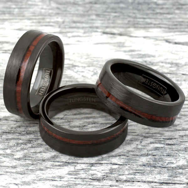 Distressed black flat tungsten carbide band ring w/ off center Koa wood inlay | Discount tungsten rings - wedding bands | Group photo