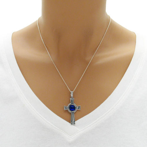 Bright and Vibrant Blue Gemstone on Fancy Cross Pendant | Wholesale 925 Sterling Silver Pendant - Jewelry | Alternate