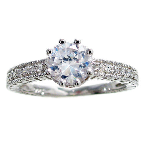 Round cut CZ engagement ring w/ 8 micro pave CZ accents | Wholesale 925 Sterling Silver Rings - Jewelry | Flat photo