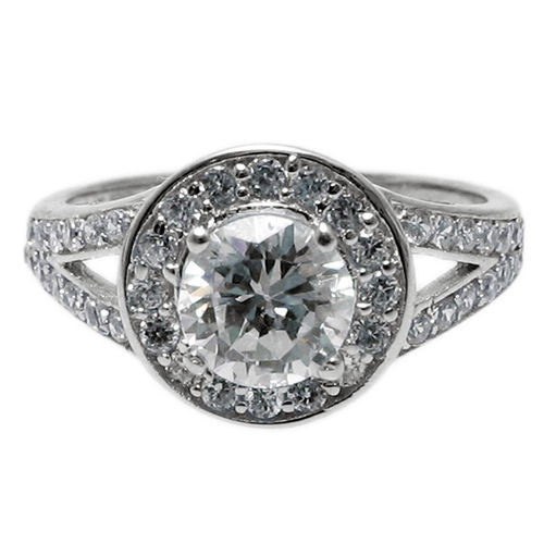 Round cut CZ engagement ring w/ halo CZ accents | Wholesale 925 Sterling Silver Rings - Jewelry | Front photo