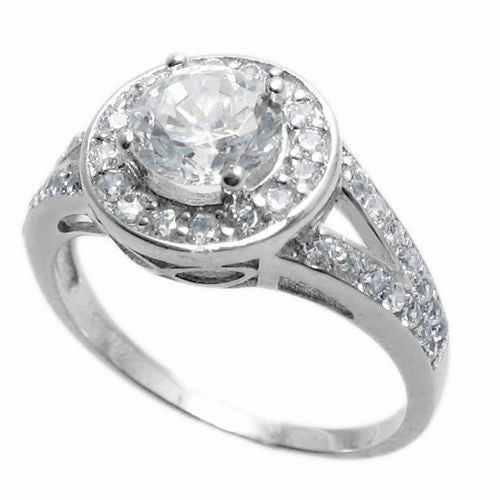 Round cut CZ engagement ring w/ halo CZ accents | Wholesale 925 Sterling Silver Rings - Jewelry | Main photo