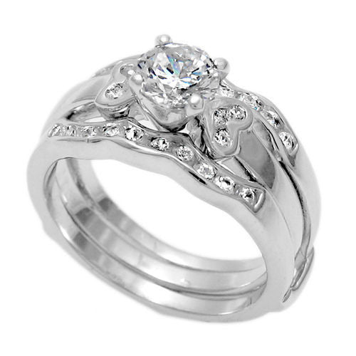 Sterling Silver Round CZ Integrated Wedding Ring Set. Wholesale 