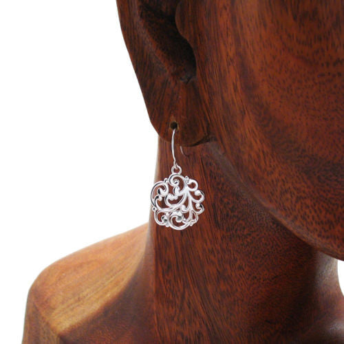Round fern frond filigree hanging earrings | Wholesale 925 Sterling Silver Jewelry | Alternate photo