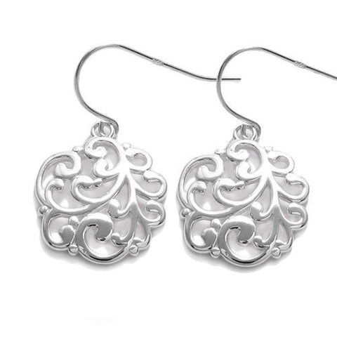 Round fern frond filigree hanging earrings | Wholesale 925 Sterling Silver Jewelry | Item photo