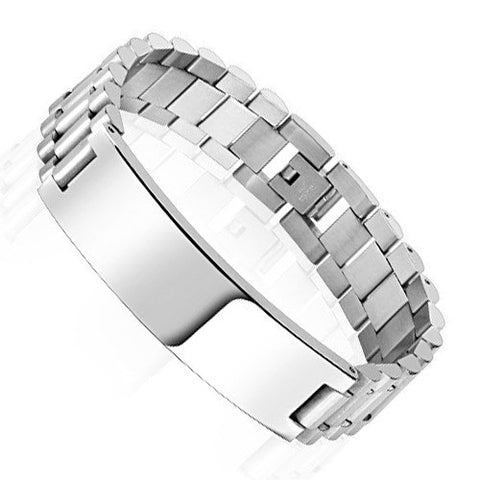 Rounded "President" style link bracelet with engravable plate | Wholesale 316L Stainless Steel Jewelry