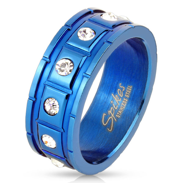 Royal blue stainless steel ring with twelve chiclets, each with clear CZ | Wholesale Jewelry | Main photo
