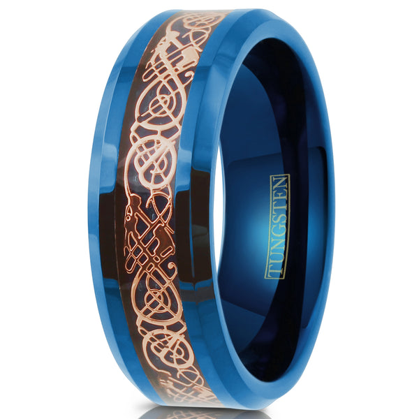 Gorgeous Royal Blue Tungsten Flat Band Ring with Rose Gold Celtic Dragon on Sapphire Blue Faux Carbon Fiber Inlay.