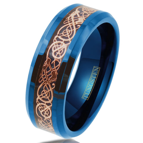 Gorgeous Royal Blue Tungsten Flat Band Ring with Rose Gold Celtic Dragon on Sapphire Blue Faux Carbon Fiber Inlay.
