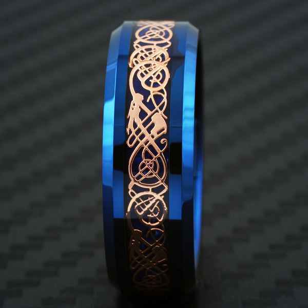 Gorgeous Royal Blue Tungsten Flat Band Ring with Rose Gold Celtic Dragon on Sapphire Blue Faux Carbon Fiber Inlay.
