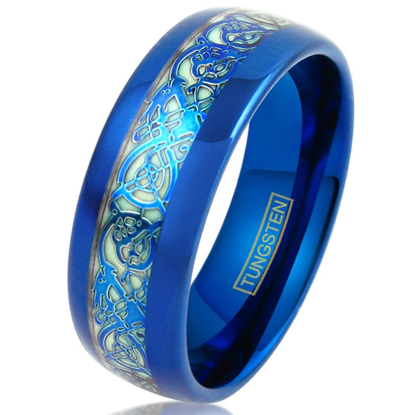 Blue tungsten carbide band ring w/ Celtic dragon on glow-in-the-dark inlay | White photo