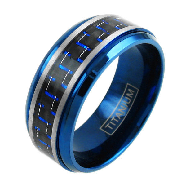 Blue titanium ring with black & blue carbon fiber inlay | Wholesale wedding bands | Alternate photo