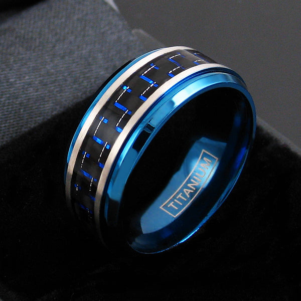 Blue titanium ring with black & blue carbon fiber inlay | Wholesale wedding bands | Black large photo