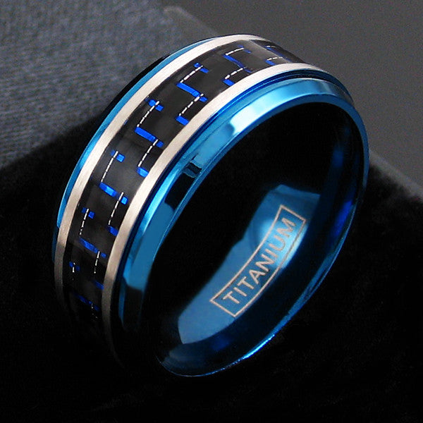 Blue titanium ring with black & blue carbon fiber inlay | Wholesale wedding bands | Black photo
