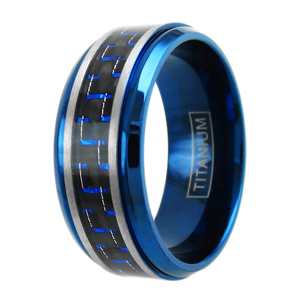 Blue titanium ring with black & blue carbon fiber inlay | Wholesale wedding bands | Main photo