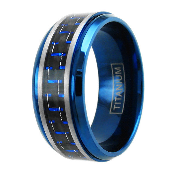 Blue titanium ring with black & blue carbon fiber inlay | Wholesale wedding bands | Standard photo