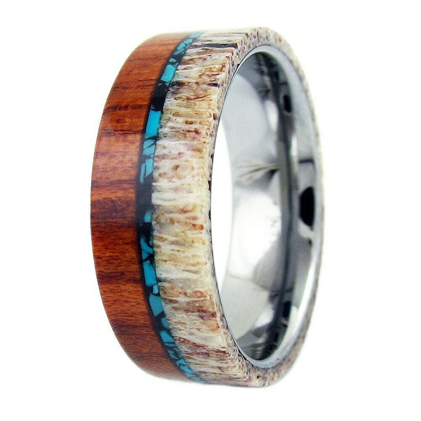 Amazing Tungsten Flat Band Ring with Awesome Raw Edge Tan Deer Antler, Sandalwood, and Blue Turquoise Overlays on Silver Comfort Fit Inner Band.