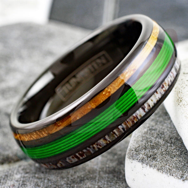Stunning Polished Black Tungsten Low Dome Ring with Glorious GREEN Real Fishing Line Between Whiskey Barrel Oak Wood and Deer Antler Inlays.