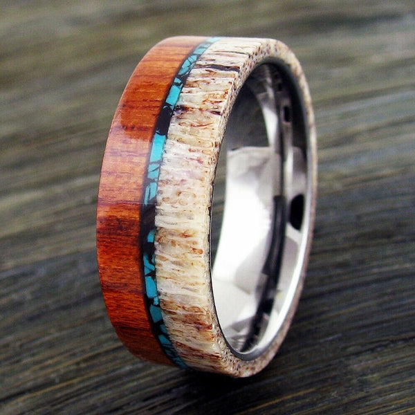 Amazing Tungsten Flat Band Ring with Awesome Raw Edge Tan Deer Antler, Sandalwood, and Blue Turquoise Overlays on Silver Comfort Fit Inner Band.