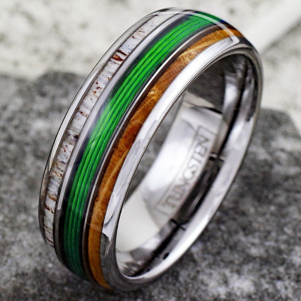 Beautiful Magnificent Polished Silver Tungsten Low Dome Ring with GREEN Real Fishing Line Between Whiskey Barrel Oak Wood and Deer Antler Inlays.