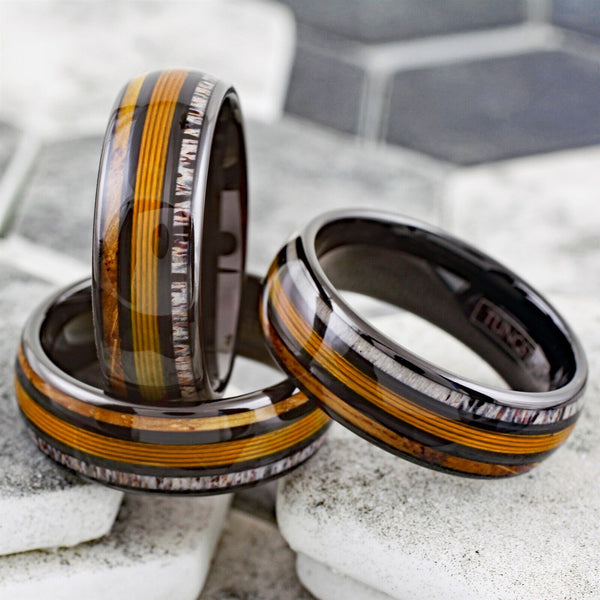 Cool Polished Black Tungsten Low Dome Ring with Gorgeous GOLD Real Fishing Line Between Whiskey Barrel Oak Wood and Deer Antler Inlays.