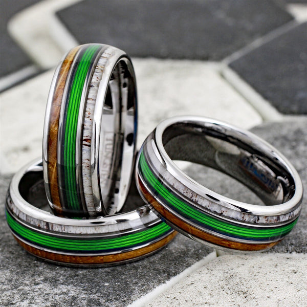 Beautiful Magnificent Polished Silver Tungsten Low Dome Ring with GREEN Real Fishing Line Between Whiskey Barrel Oak Wood and Deer Antler Inlays.