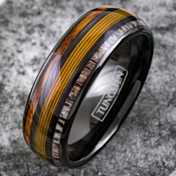 Cool Polished Black Tungsten Low Dome Ring with Gorgeous GOLD Real Fishing Line Between Whiskey Barrel Oak Wood and Deer Antler Inlays.