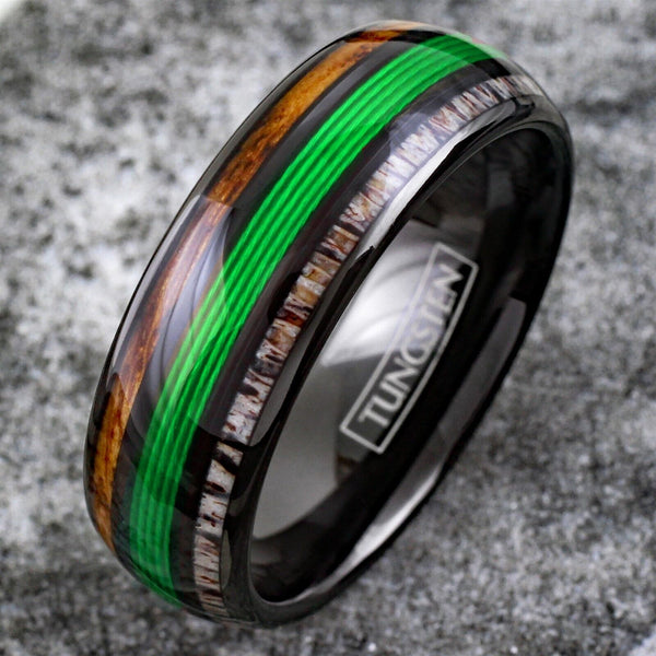 Stunning Polished Black Tungsten Low Dome Ring with Glorious GREEN Real Fishing Line Between Whiskey Barrel Oak Wood and Deer Antler Inlays.