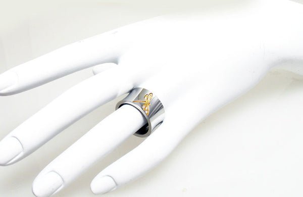 Concave Band with Embossed Gold Dragonfly and Micro Pavé CZs. Wholesale stainless steel rings. On hand.